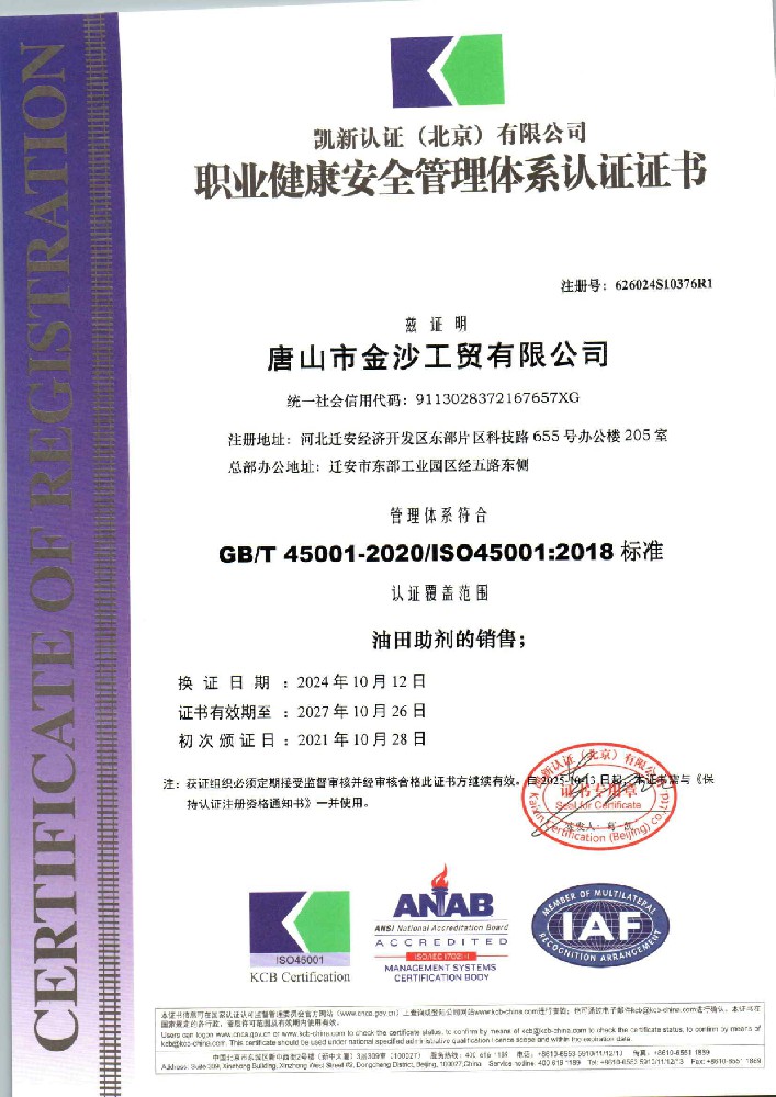 健康、环境与安全管理体系认证证书